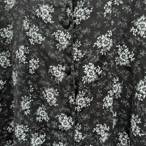 Vintage 90s dress Small XS black floral midi rayon lacing buttons short sleeve - Picture 10 of 13